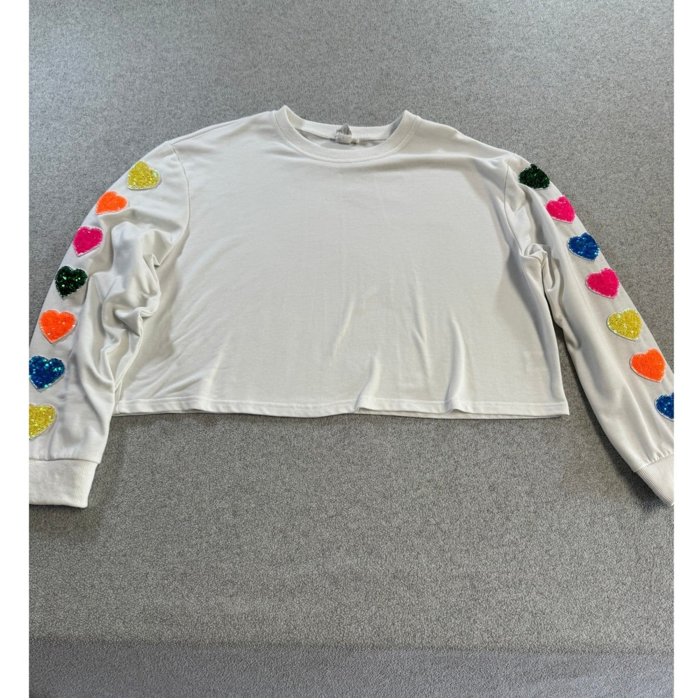 Mainstrip Sequin Heart Sleeve Sweatshirt Womens Large White Excellent Cropped